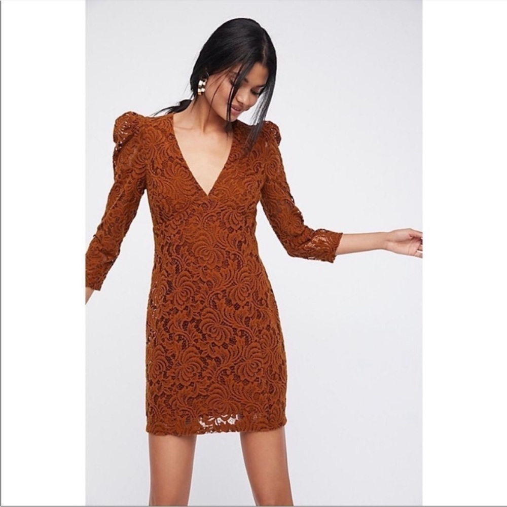 Free People Uber-Boho-Chic Full Lace Chestnut Brown Deep-V Date Night Mini Dress